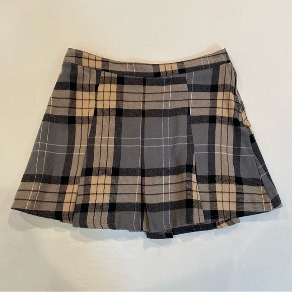 Preppy Plaid Mini Skirt in Gray and Tan, Dark Academia Office Chic Indigo Rising - Picture 1 of 6